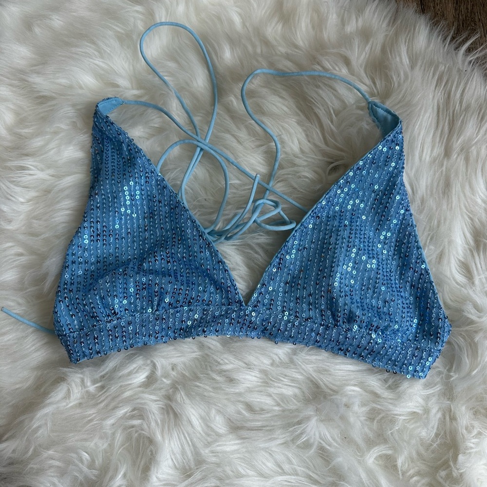Blue Sequin Triangle Bikini Top